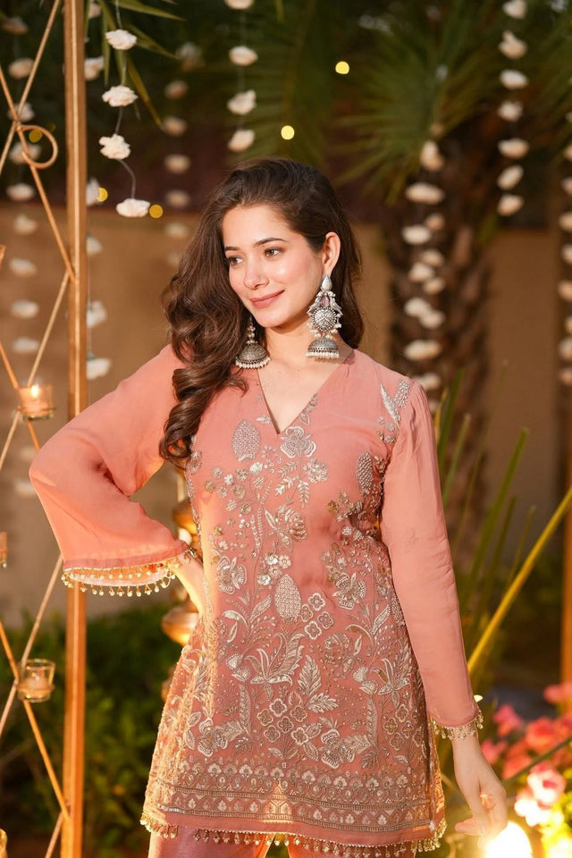 Peach Sequin with Floral Embroidered Silk Kurti Pant Set (ACA7852)