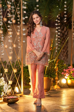 Peach Sequin with Floral Embroidered Silk Kurti Pant Set (ACA7852)