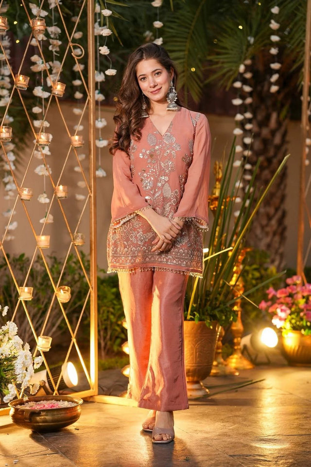 Peach Sequin with Floral Embroidered Silk Kurti Pant Set (ACA7852)
