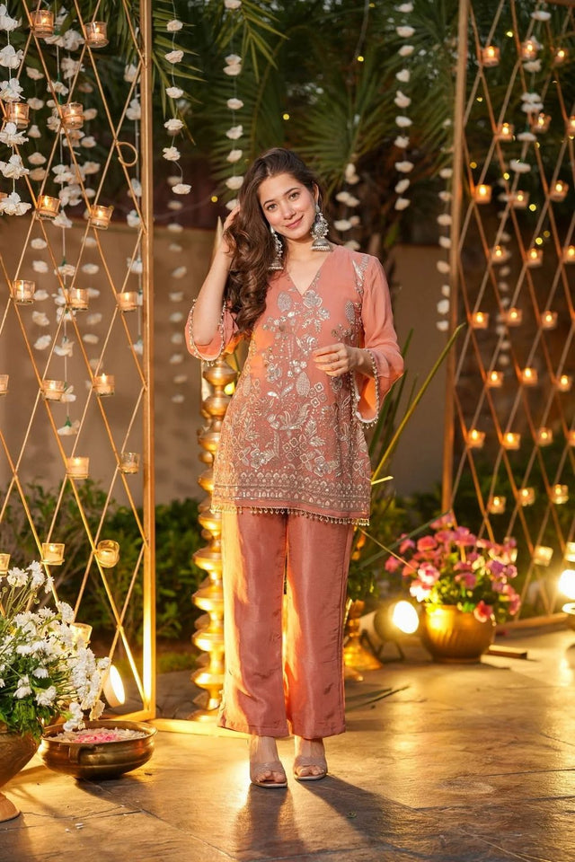 Peach Sequin with Floral Embroidered Silk Kurti Pant Set (ACA7852)