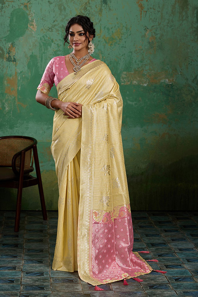 Yellow Woven Pink Saree (ACA7853)