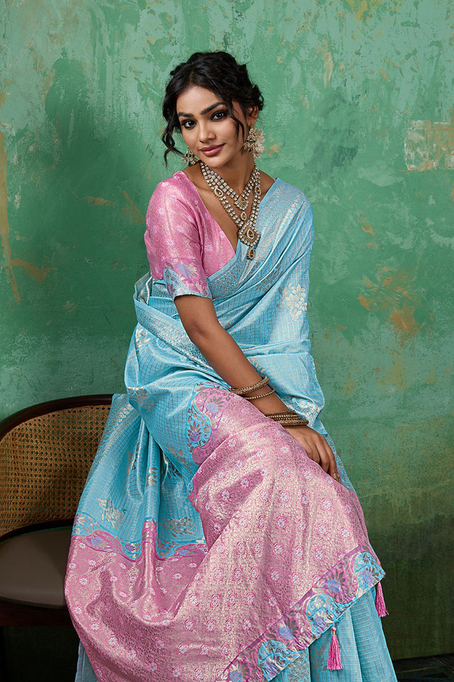 Blue Woven Pink Saree (ACA7855)