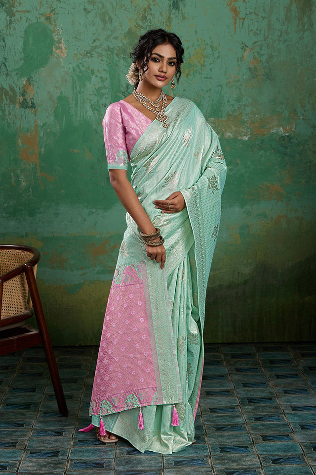 Sea Green Woven Pink Saree (ACA7858)