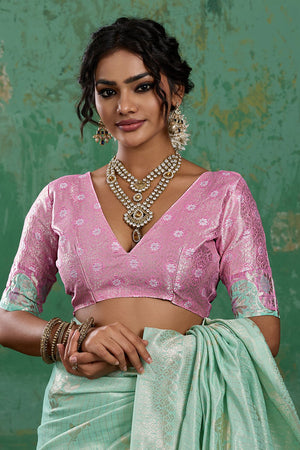 Sea Green Woven Pink Saree (ACA7858)