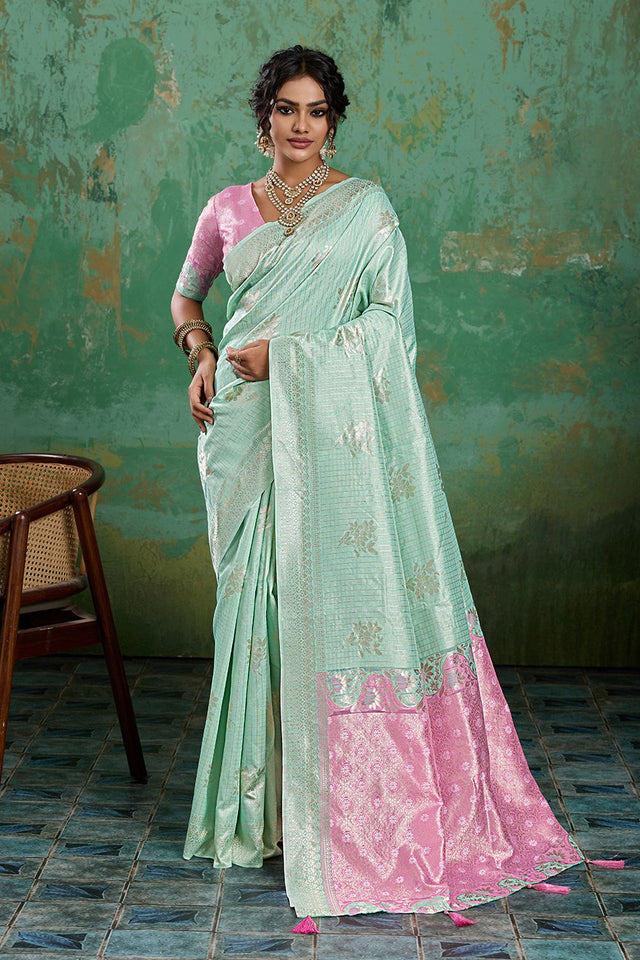 Sea Green Woven Pink Saree (ACA7858)