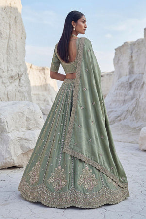 Green Embroidered Silk Lehenga (ACA7860)