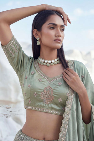 Green Embroidered Silk Lehenga (ACA7860)