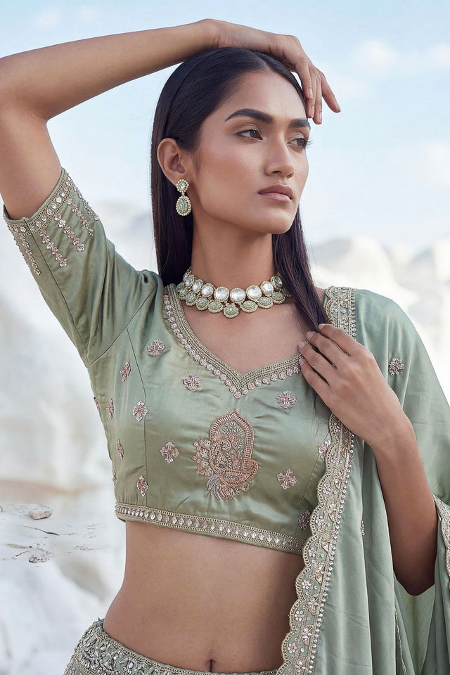 Green Embroidered Silk Lehenga (ACA7860)