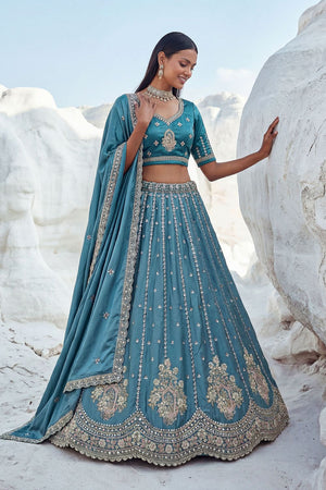 Blue Embroidered Silk Lehenga (ACA7861)
