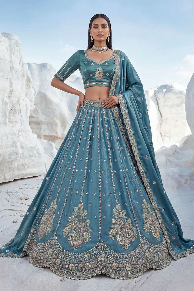 Blue Embroidered Silk Lehenga (ACA7861)