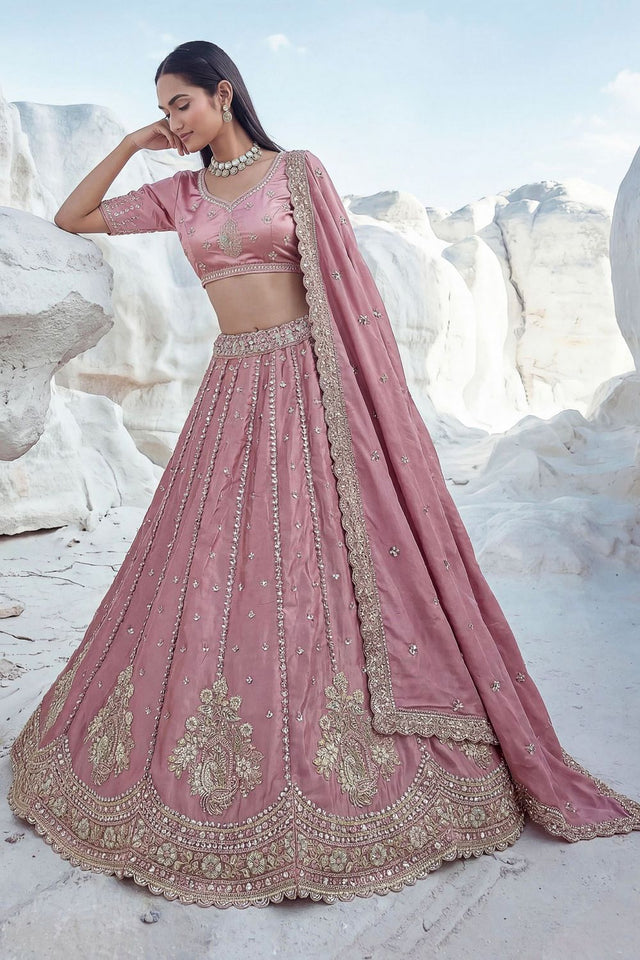 Pink Embroidered Silk Lehenga (ACA7862)
