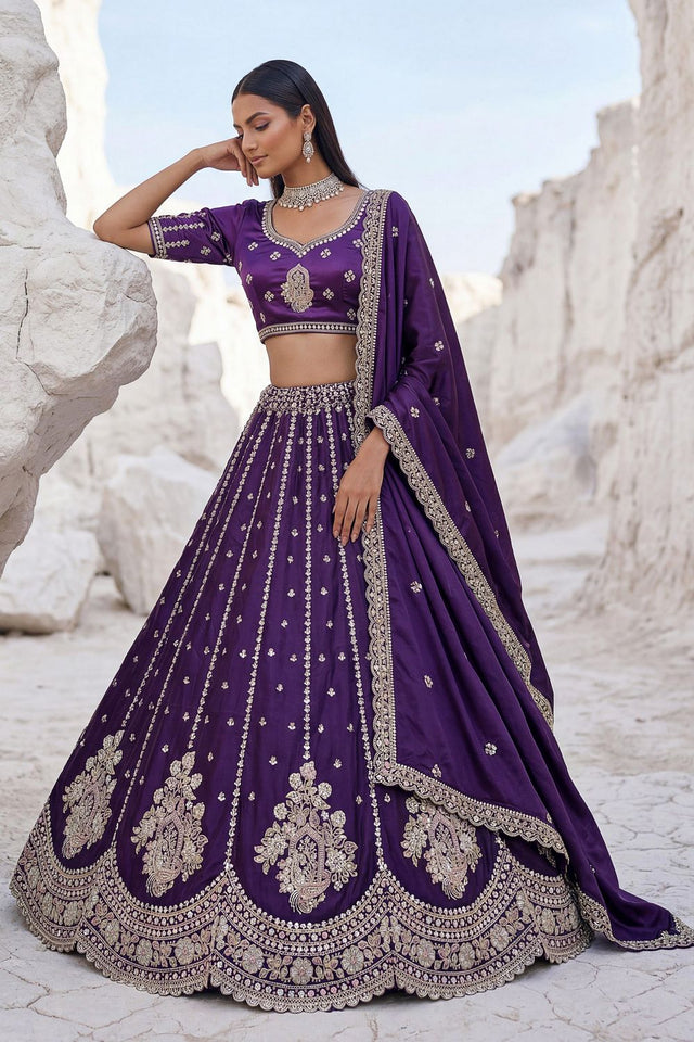 Violet Embroidered Silk Lehenga (ACA7863)
