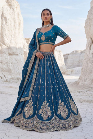 Turquoise Embroidered Silk Lehenga (ACA7864)