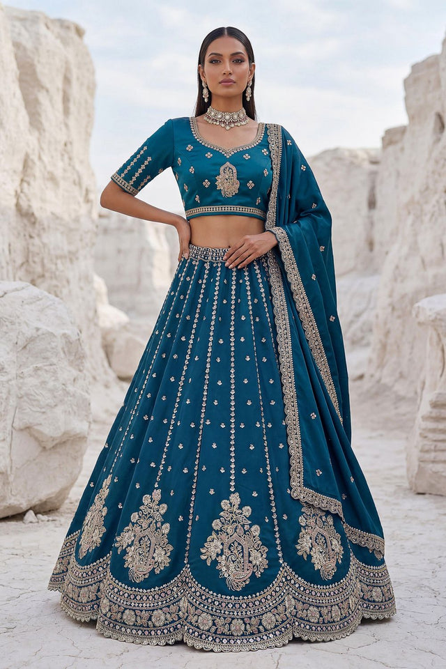 Turquoise Embroidered Silk Lehenga (ACA7864)