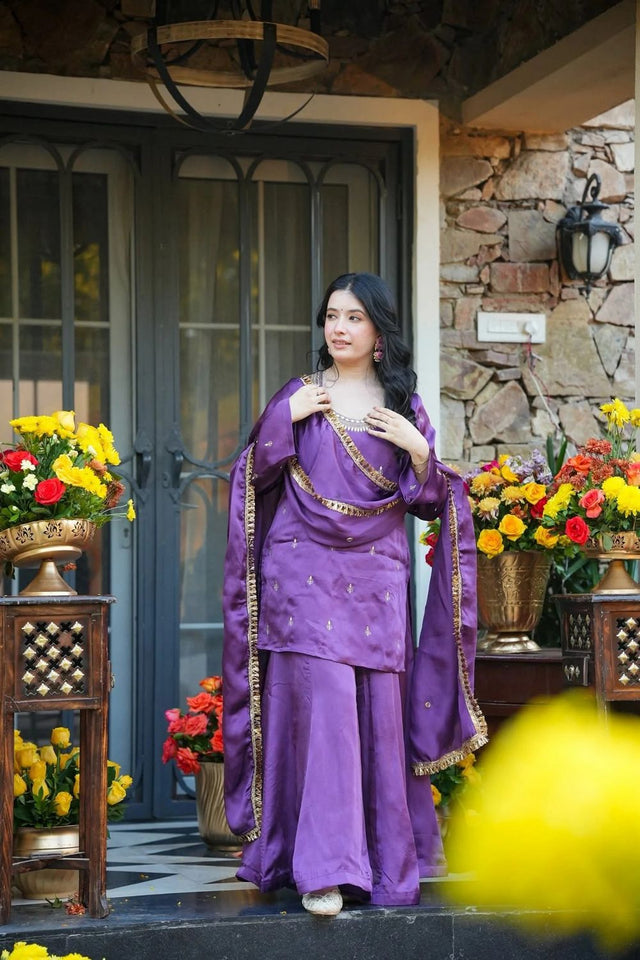 Lavender Embroidered Silk Palazzo Suit (ACA7875)