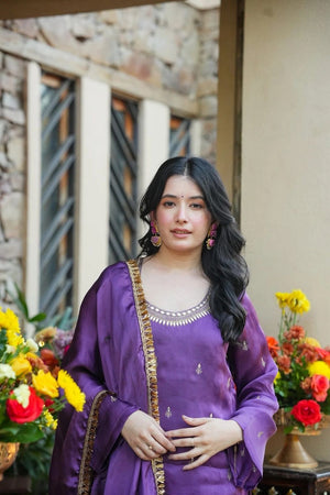 Lavender Embroidered Silk Palazzo Suit (ACA7875)