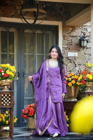 Lavender Embroidered Silk Palazzo Suit (ACA7875)