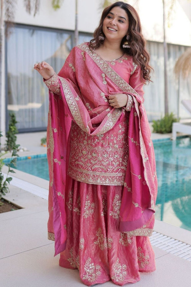 Pink Floral Embroidered Silk Sharara Suit (ACA7877)