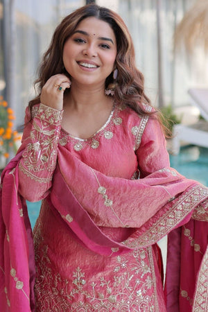 Pink Floral Embroidered Silk Sharara Suit (ACA7877)