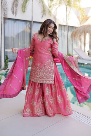 Pink Floral Embroidered Silk Sharara Suit (ACA7877)