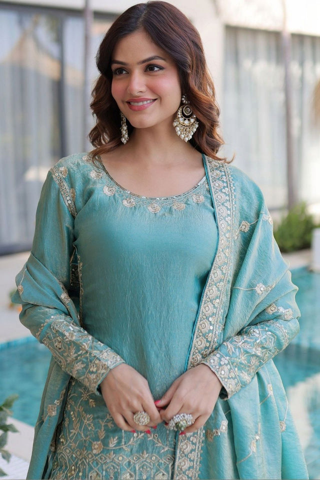 Blue Floral Embroidered Silk Sharara Suit (ACA7878)