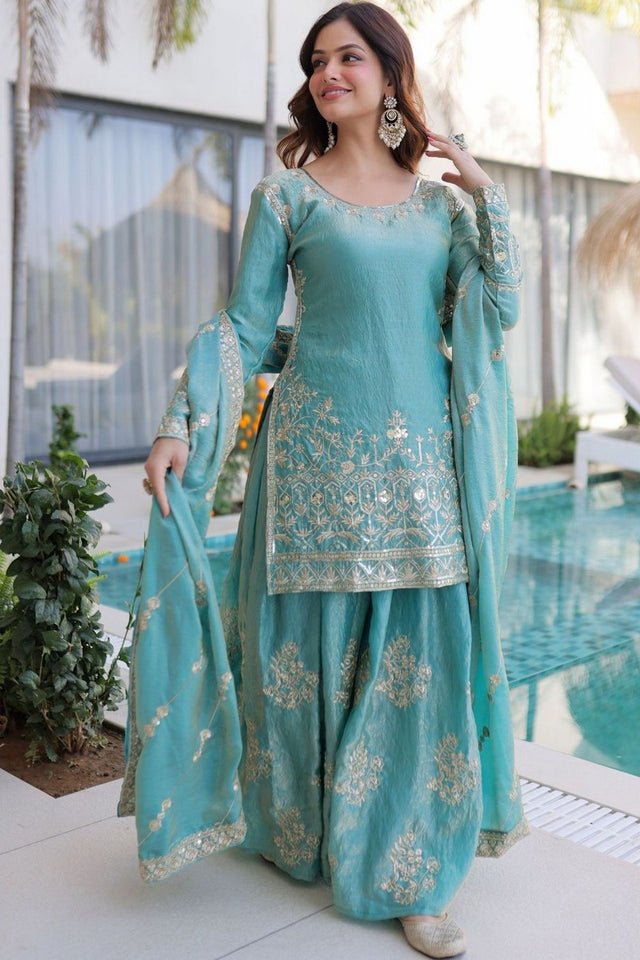 Blue Floral Embroidered Silk Sharara Suit (ACA7878)