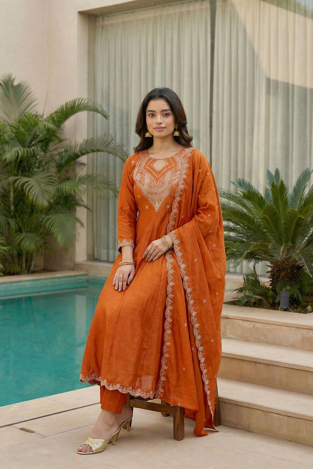 Rust Embroidered Silk Anarkali Suit (ACA7879)