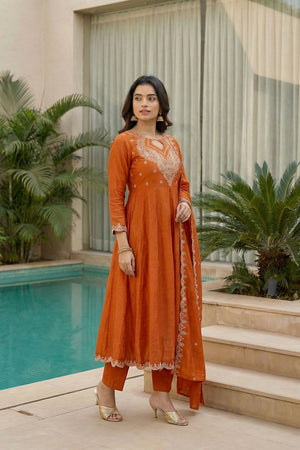 Rust Embroidered Silk Anarkali Suit (ACA7879)