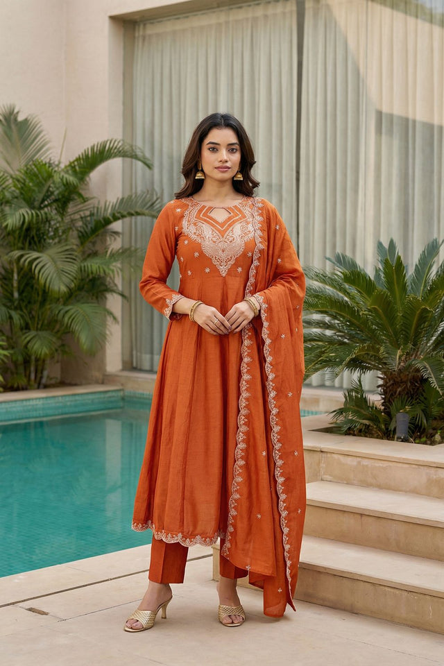 Rust Embroidered Silk Anarkali Suit (ACA7879)