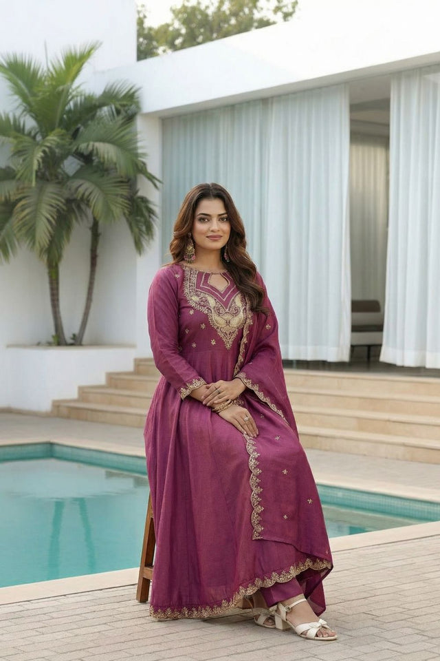Violet Embroidered Silk Anarkali Suit (ACA7880)