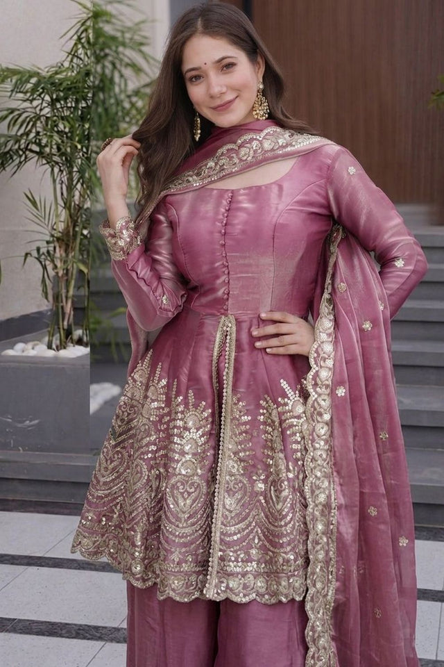 Pink Embroidered Silk Palazzo Suit (ACA7881)