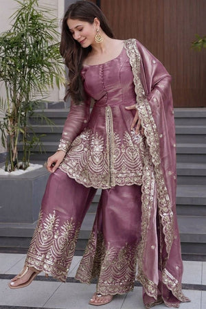 Pink Embroidered Silk Palazzo Suit (ACA7881)