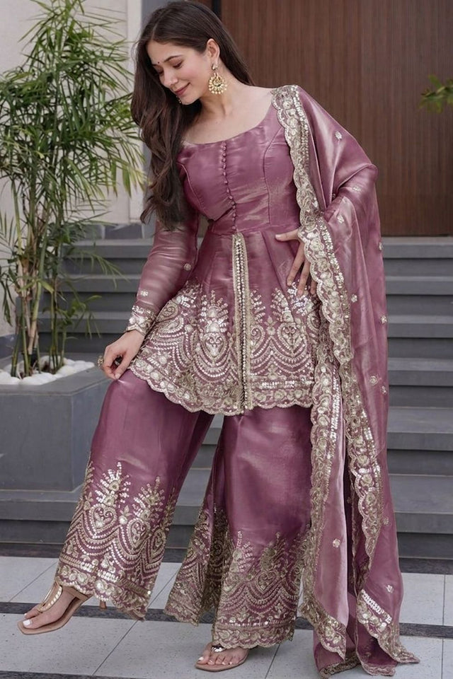 Pink Embroidered Silk Palazzo Suit (ACA7881)