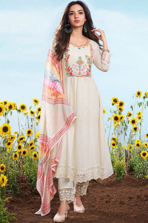 Cream Embroidered Cotton Anarkali Suit (ACA7882)