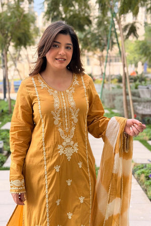 Mustard Embroidered Silk Palazzo Suit (ACA7883)