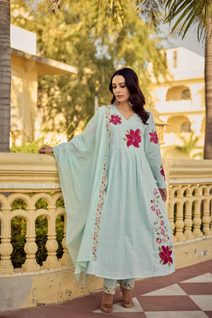 Blue Floral Embroidered Georgette Anarkali Suit (ACA7885)