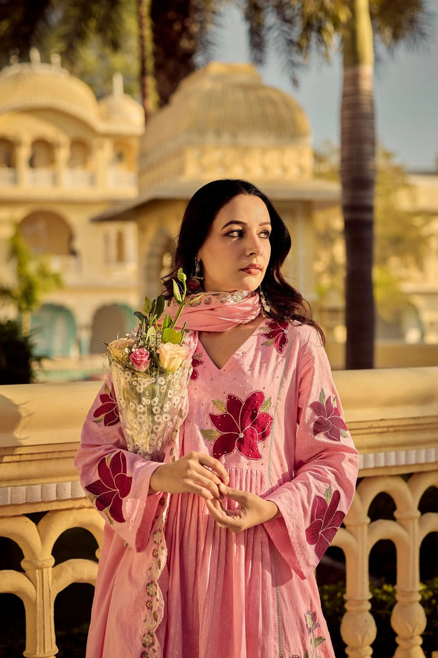Pink Floral Embroidered Georgette Anarkali Suit (ACA7886)