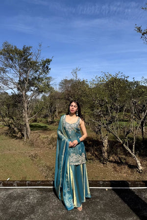 Blue Floral Embroidered Satin Palazzo Suit (ACA7887)