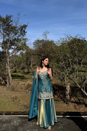 Blue Floral Embroidered Satin Palazzo Suit (ACA7887)