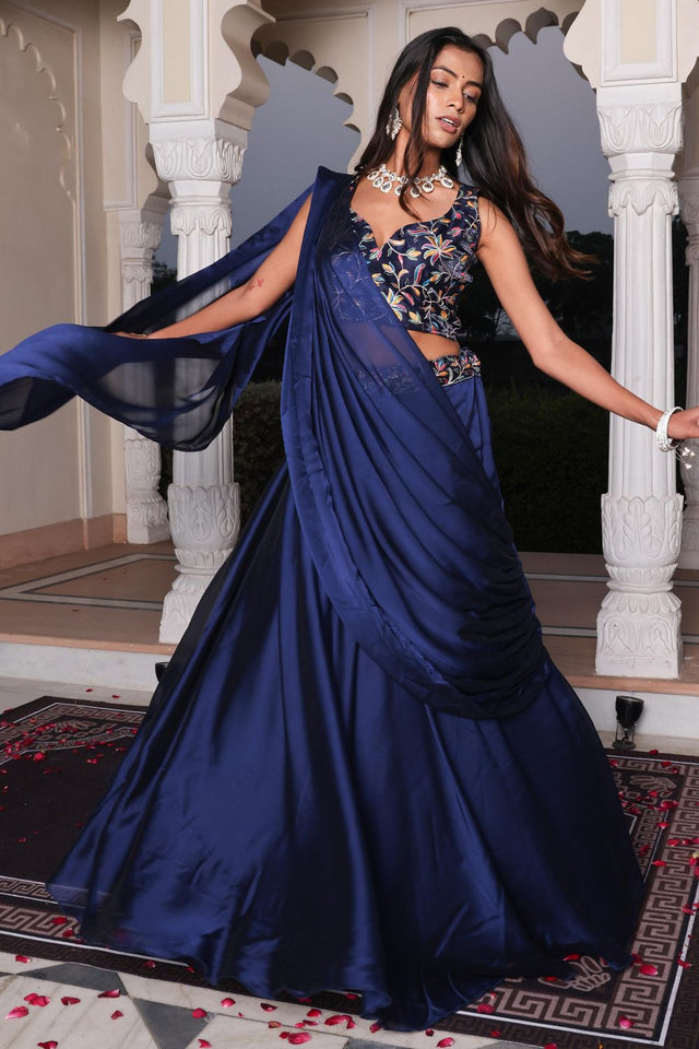 Blue Embroidered Silk Lehenga (ACA7902)