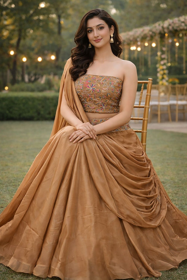 Beige Embroidered Silk Lehenga (ACA7904)
