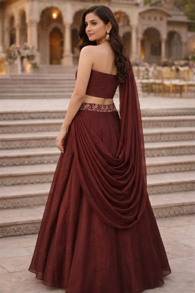 Brown Embroidered Silk Lehenga (ACA7905)