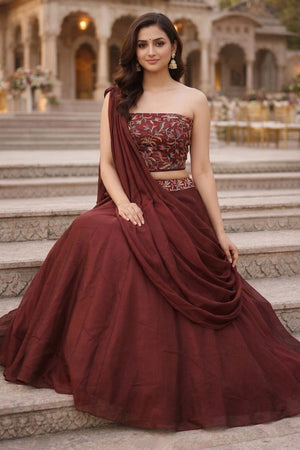 Brown Embroidered Silk Lehenga (ACA7905)