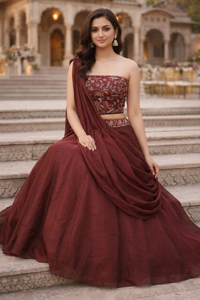Brown Embroidered Silk Lehenga (ACA7905)