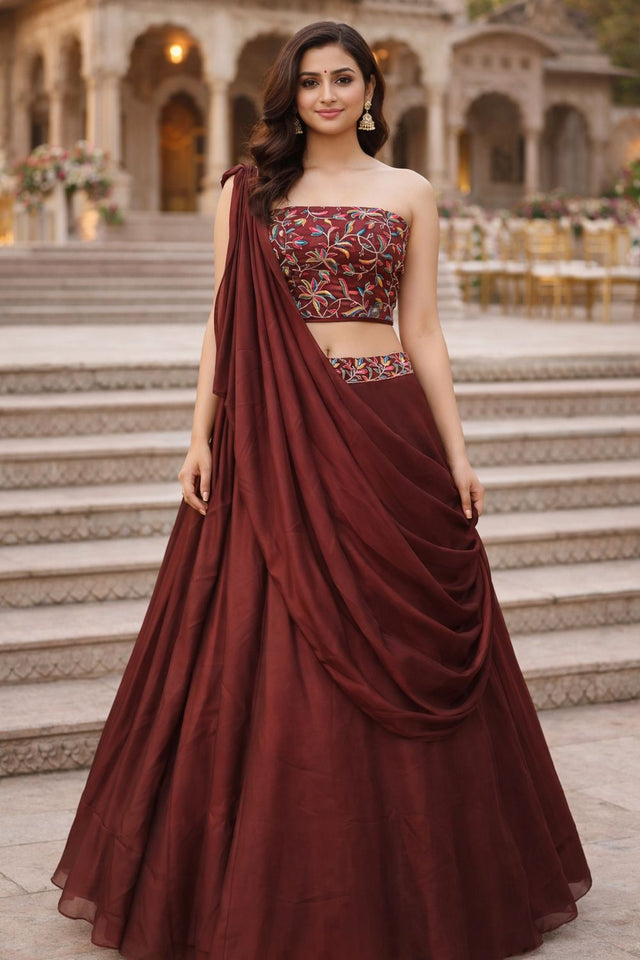 Brown Embroidered Silk Lehenga (ACA7905)