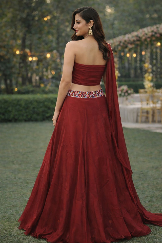 Maroon Embroidered Silk Lehenga (ACA7906)