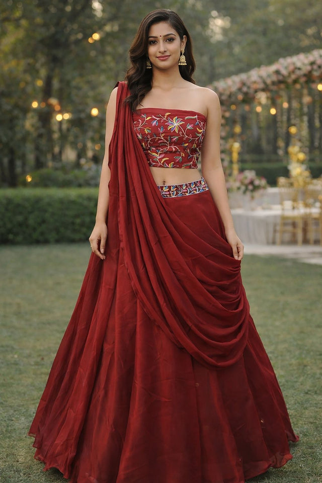 Maroon Embroidered Silk Lehenga (ACA7906)