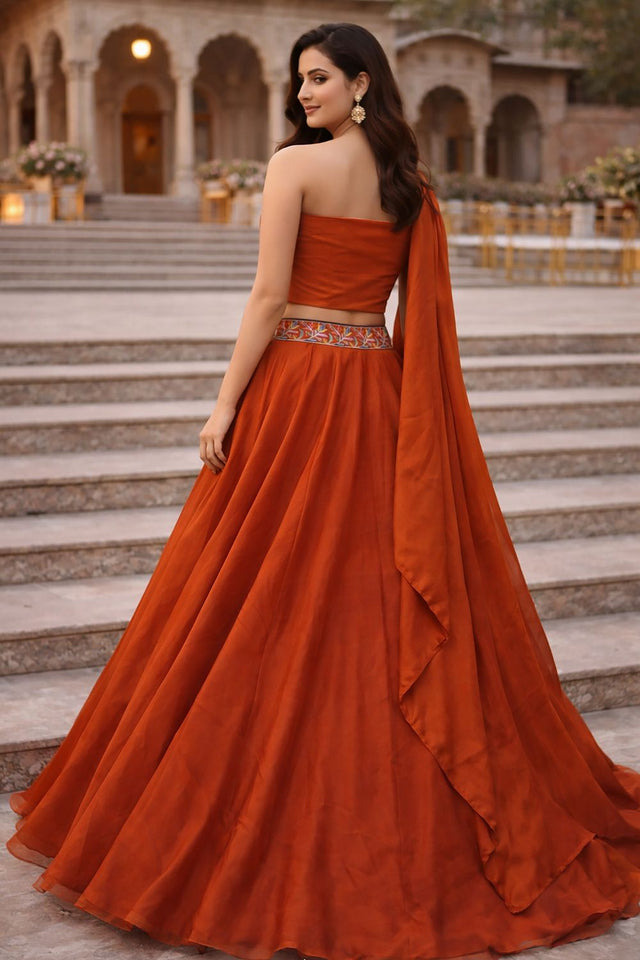 Orange Embroidered Silk Lehenga (ACA7907)