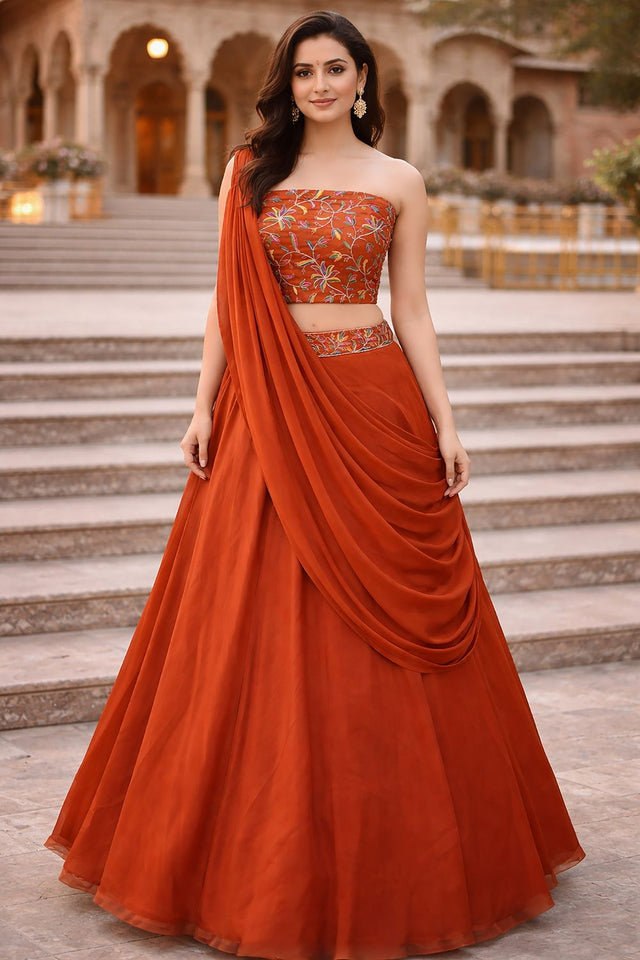 Orange Embroidered Silk Lehenga (ACA7907)