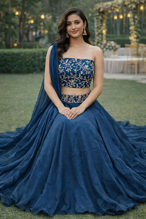 Turquoise Embroidered Silk Lehenga (ACA7909)